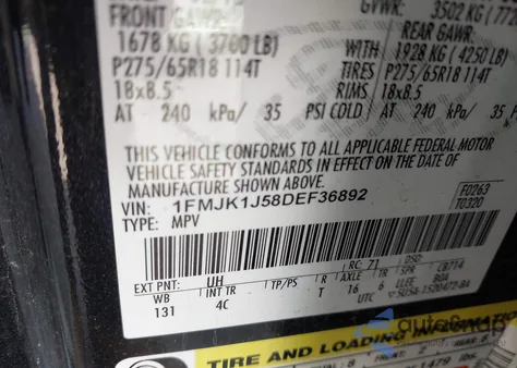 2013 Ford Expedition El Xlt из США, поврежденный, VIN 1FMJK1J58DEF36892